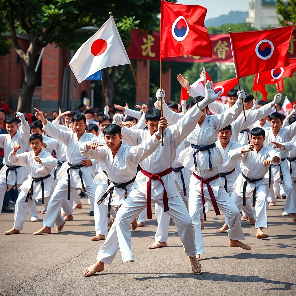 A dynamic scene showcasing a Taekwondo (TKD) convoy, featuring a diverse group of martial artists in traditional Taekwondo uniforms (dobok) in a striking formation