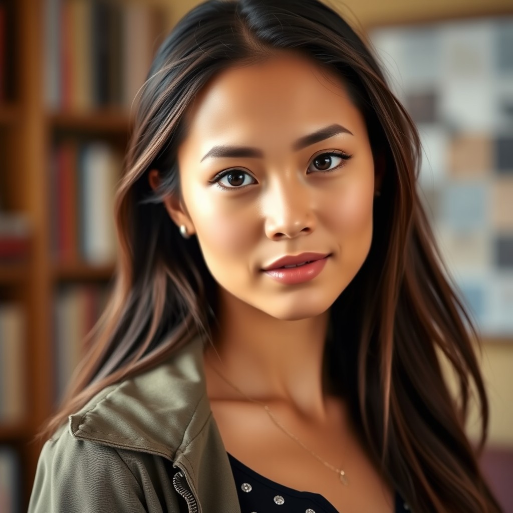 A portrait of a young woman with striking features and an air of confidence