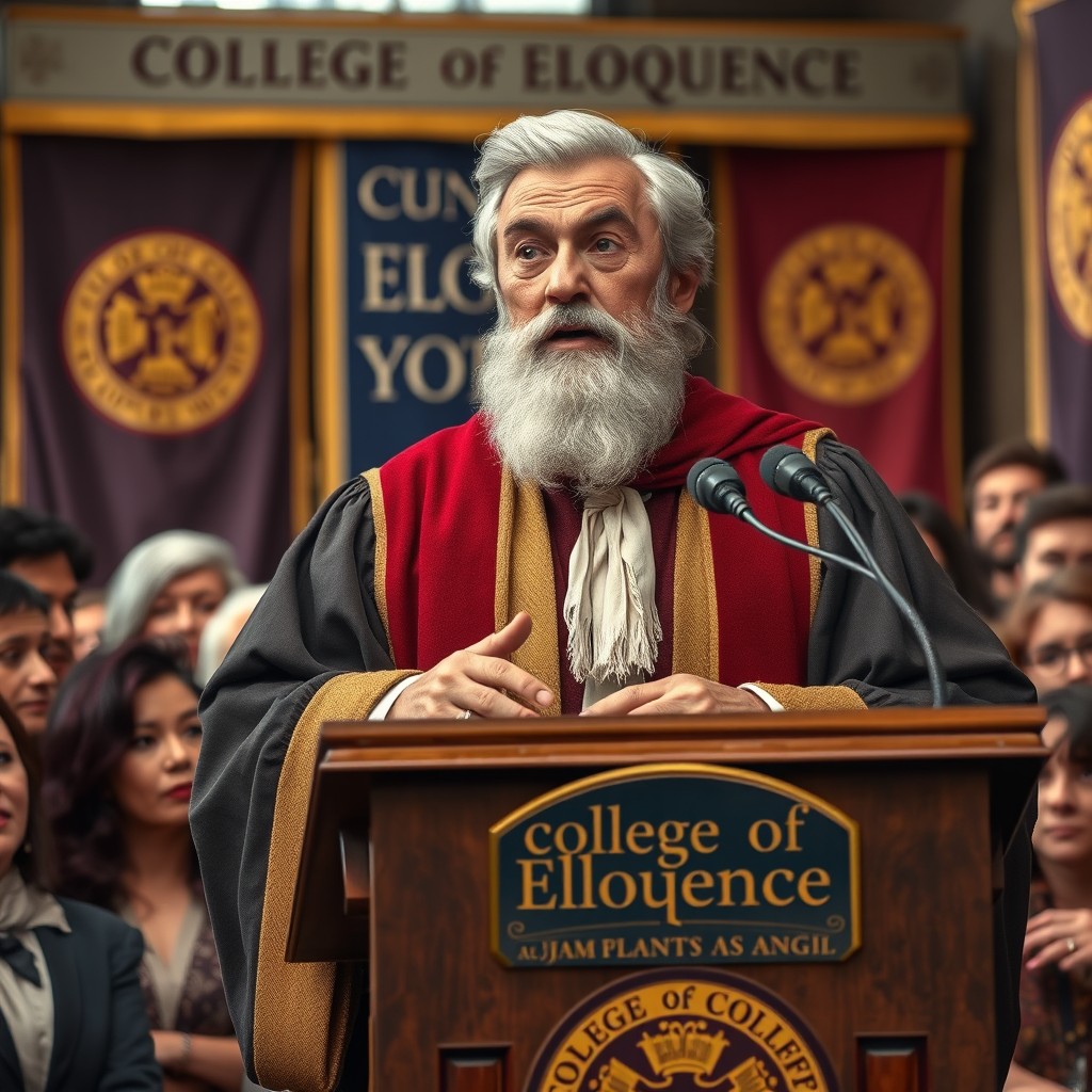 An older, bearded human male stands confidently at a podium representing the College of Eloquence