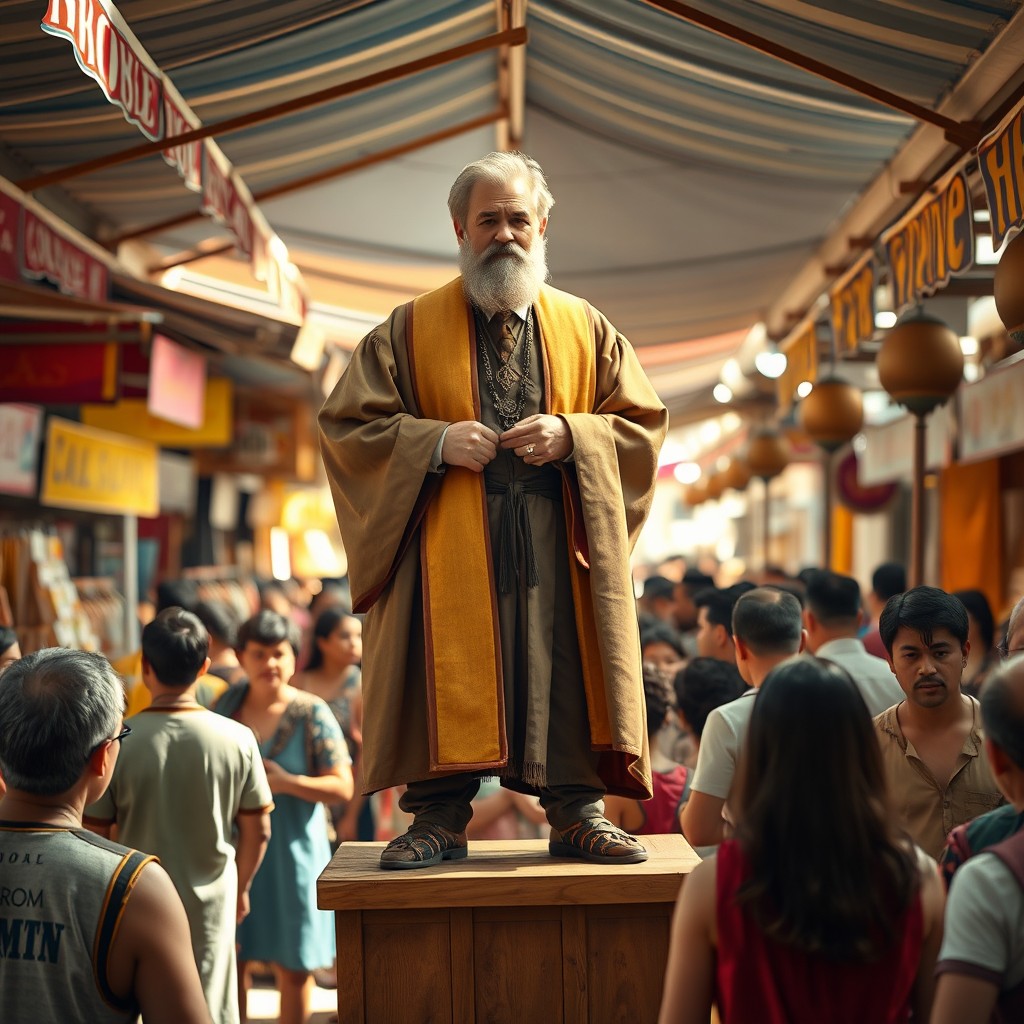 An older, bearded human male stands confidently on a small raised platform in an open market, representing the College of Eloquence