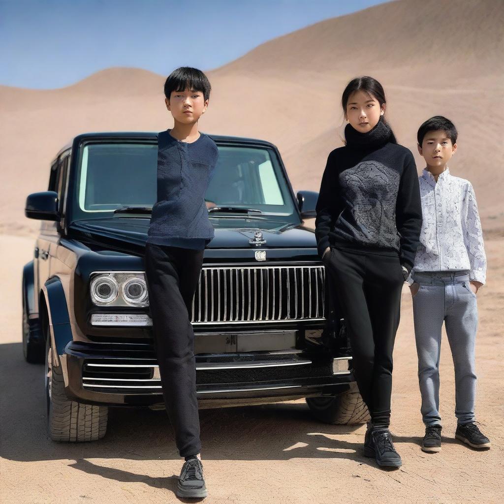 At a NASA road, an over-16 boy and a beautiful girl stand next to a black Rolls-Royce emblazoned with 'Hazara' up front. Behind the car, a trio of black Mercedes-Benz G-class cars are parked.