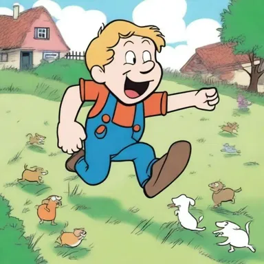 In the cartoon, the clumsy character accidentally falls into a furrow while trying to escape from his pursuers.