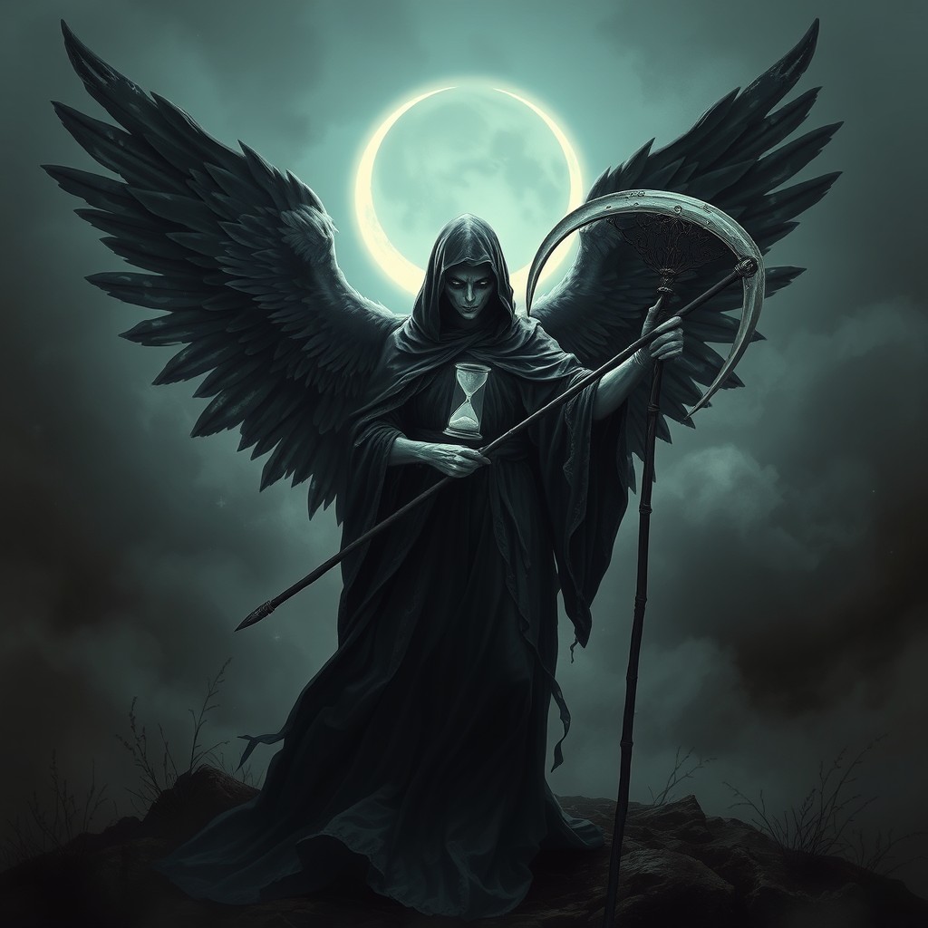 A majestic angel of death, with sweeping black wings that shimmer with a dark iridescence