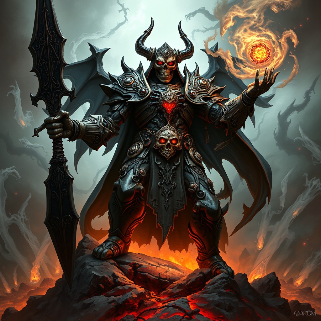 A powerful death god for a Dungeons and Dragons setting, depicted as an imposing figure clad in ornate, dark armor adorned with intricate skull motifs and arcane symbols