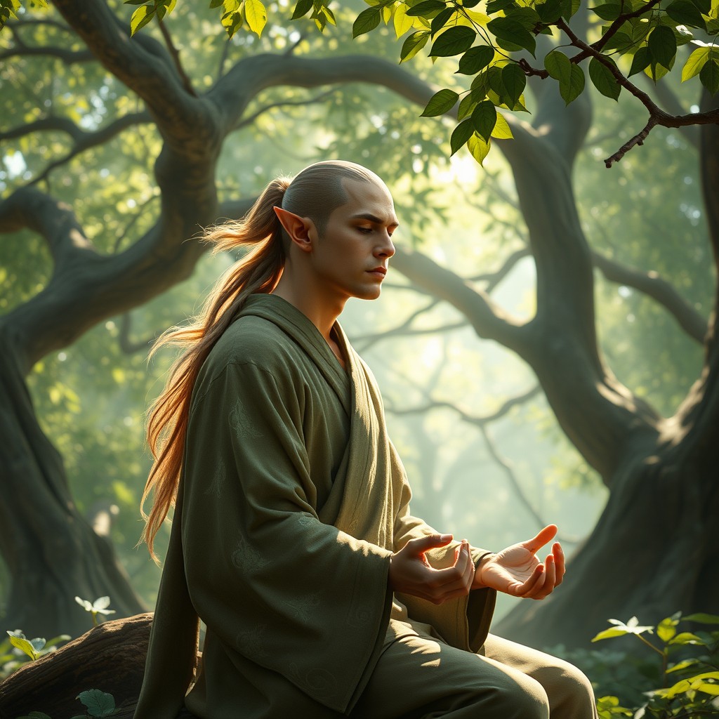 A male wood elf monk from a fantasy setting, wearing traditional monk robes adorned with nature-inspired patterns