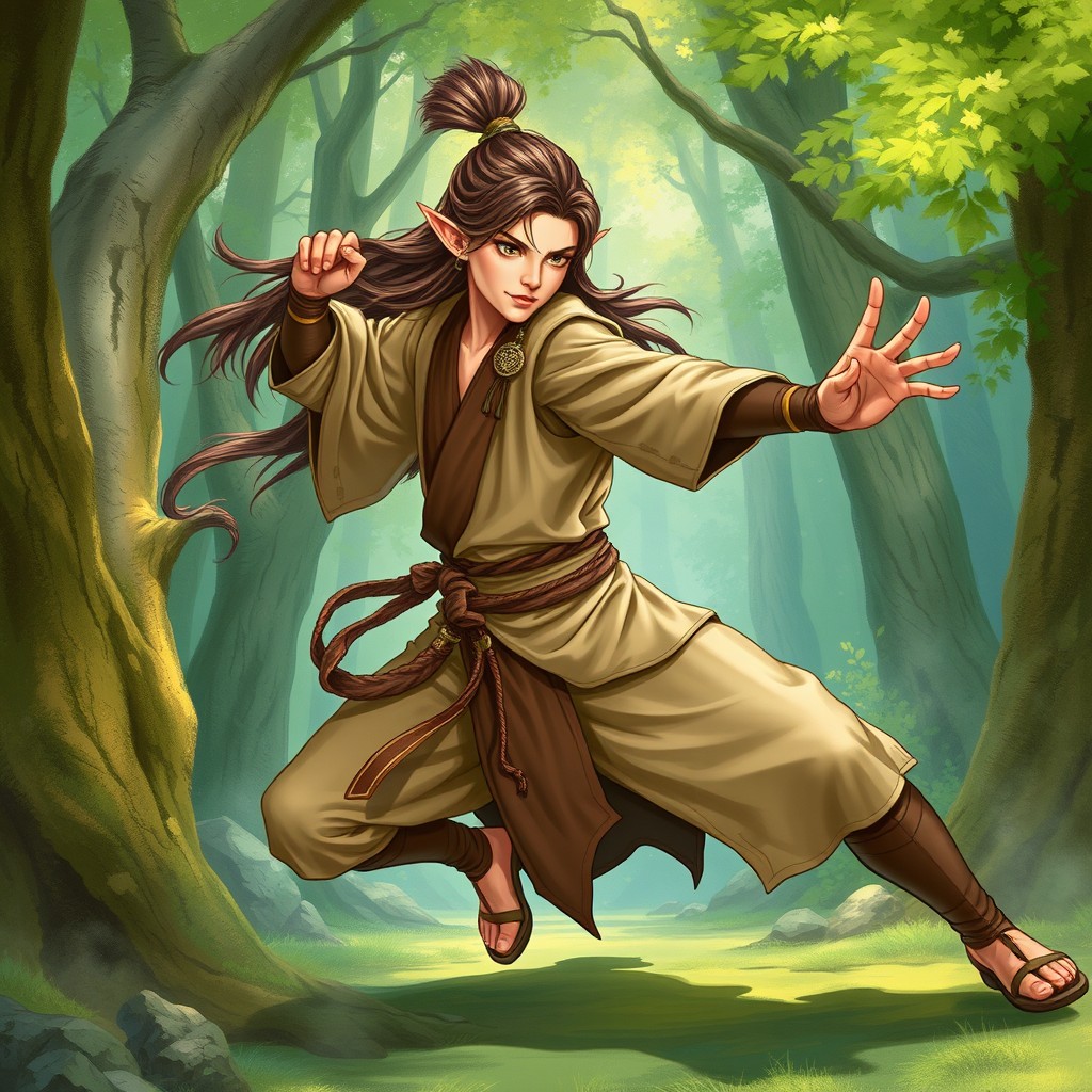 A beautifully illustrated wood elf monk from a Dungeons & Dragons setting, depicted in an artistic drawing style