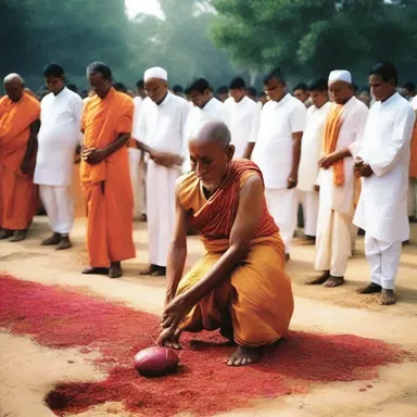 In the religious ceremony, the devotees symbolically furrow the ground as an act of purification and devotion.