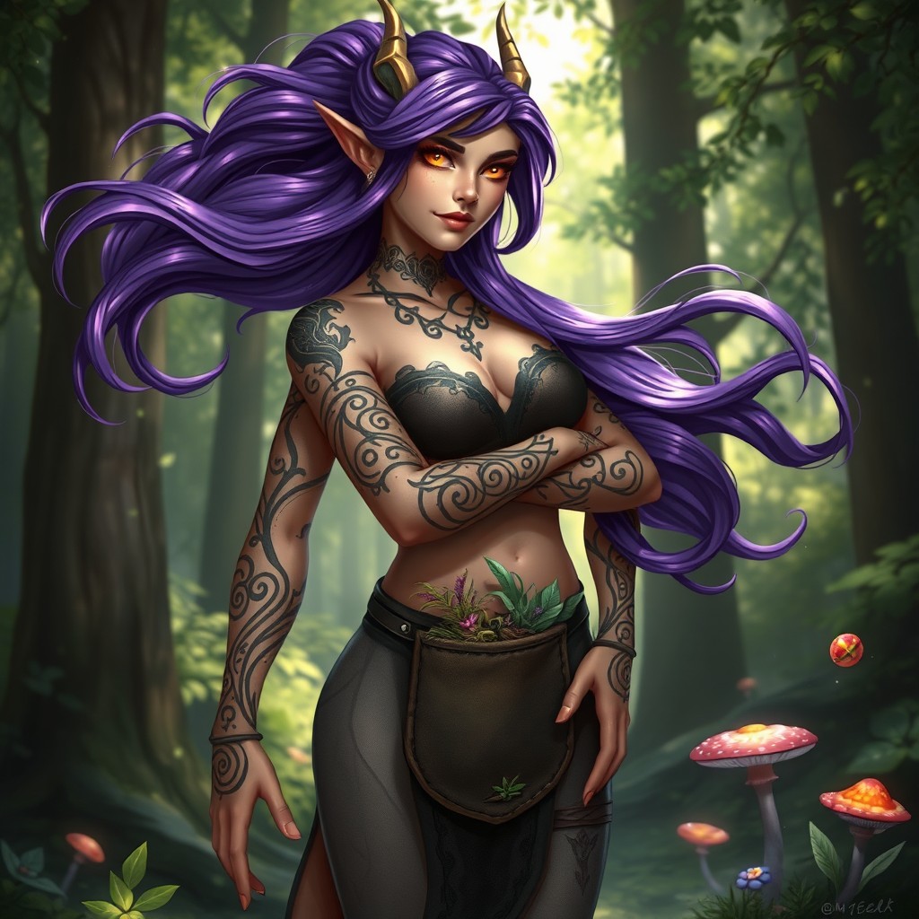 A female dragonborn druid character standing confidently in a lush forest setting