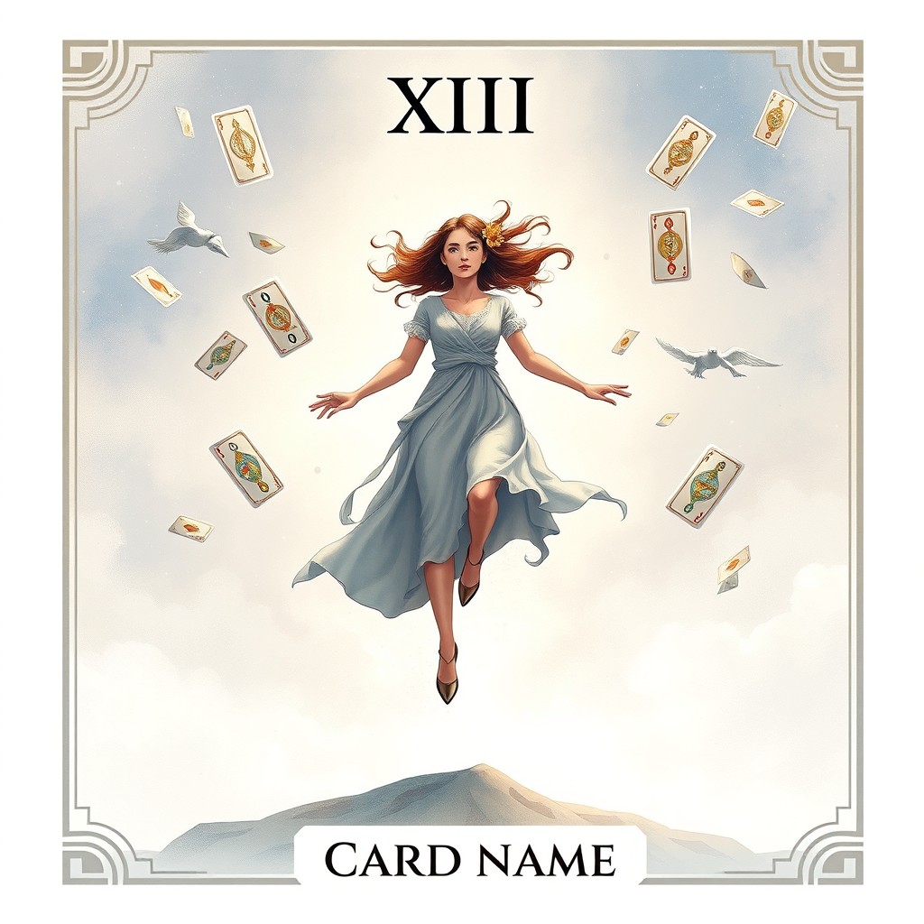 A fantasy-themed tarot card illustration featuring a woman stepping forward mid-air, exuding a sense of freedom and adventure