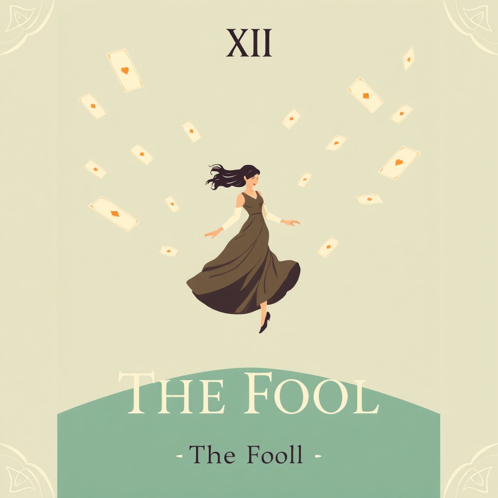 A flat illustration featuring a woman stepping forward mid-air, with tarot cards fluttering behind her, creating a whimsical and surreal atmosphere