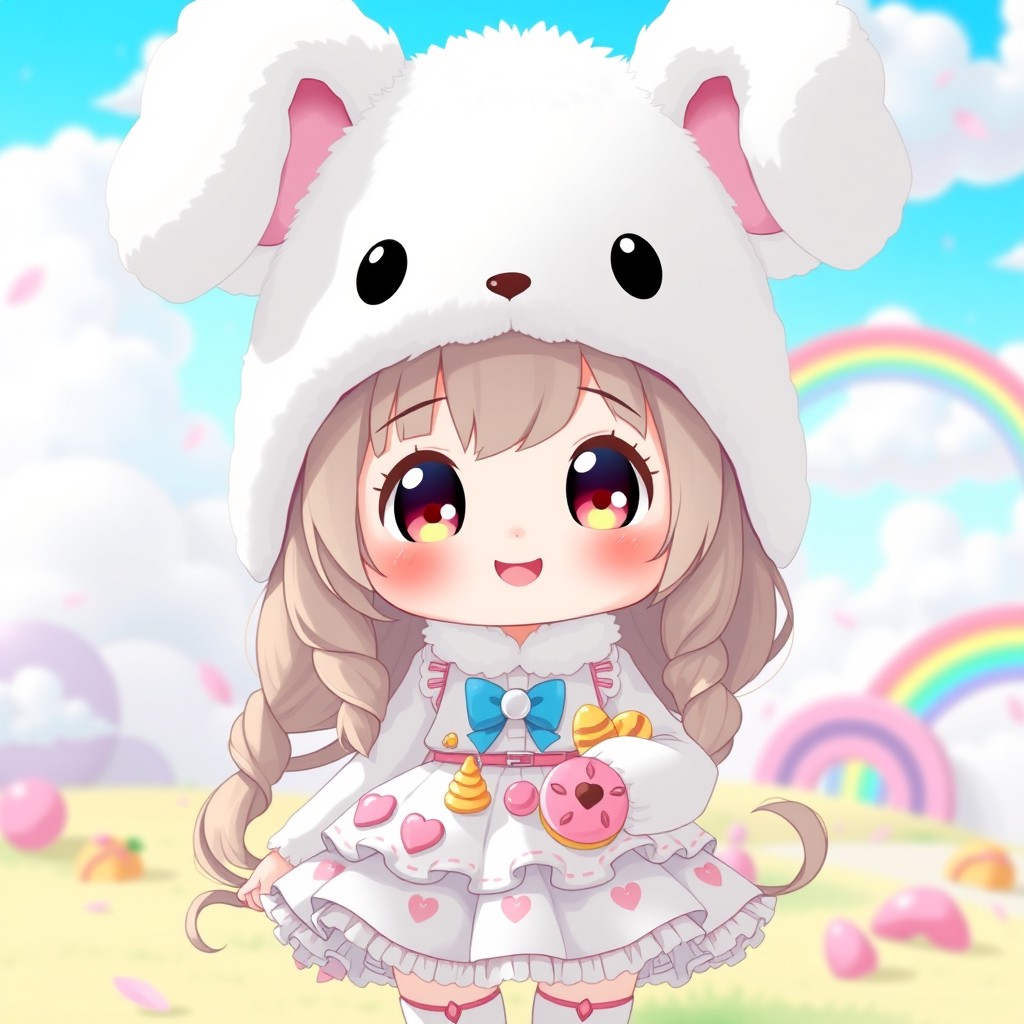 A cute anime girl inspired by Cinnamoroll, featuring an oversized white dog-eared hat resembling a fluffy puppy, large expressive eyes, and a sweet, cheerful smile