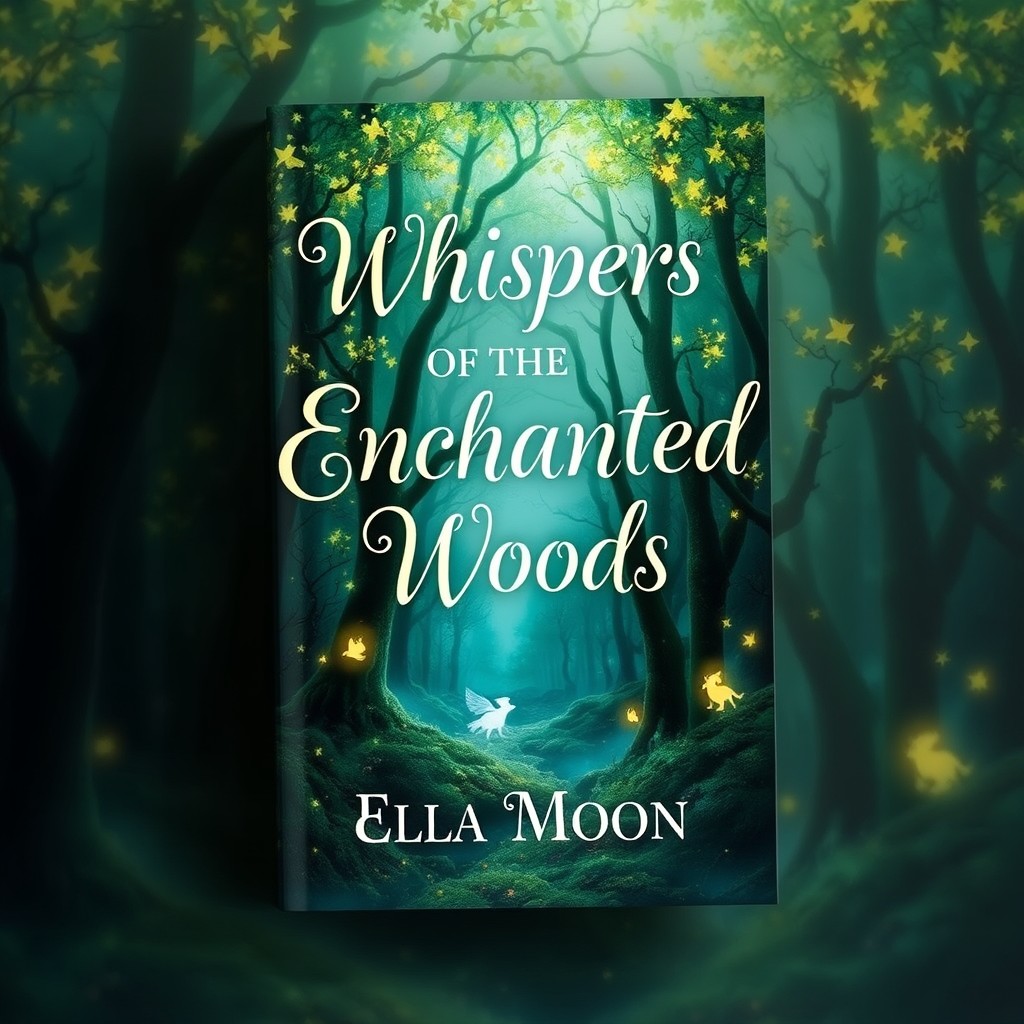 A captivating book cover design featuring a mystical forest scene with ethereal lighting, trees with glowing leaves, and magical creatures peeking through the foliage