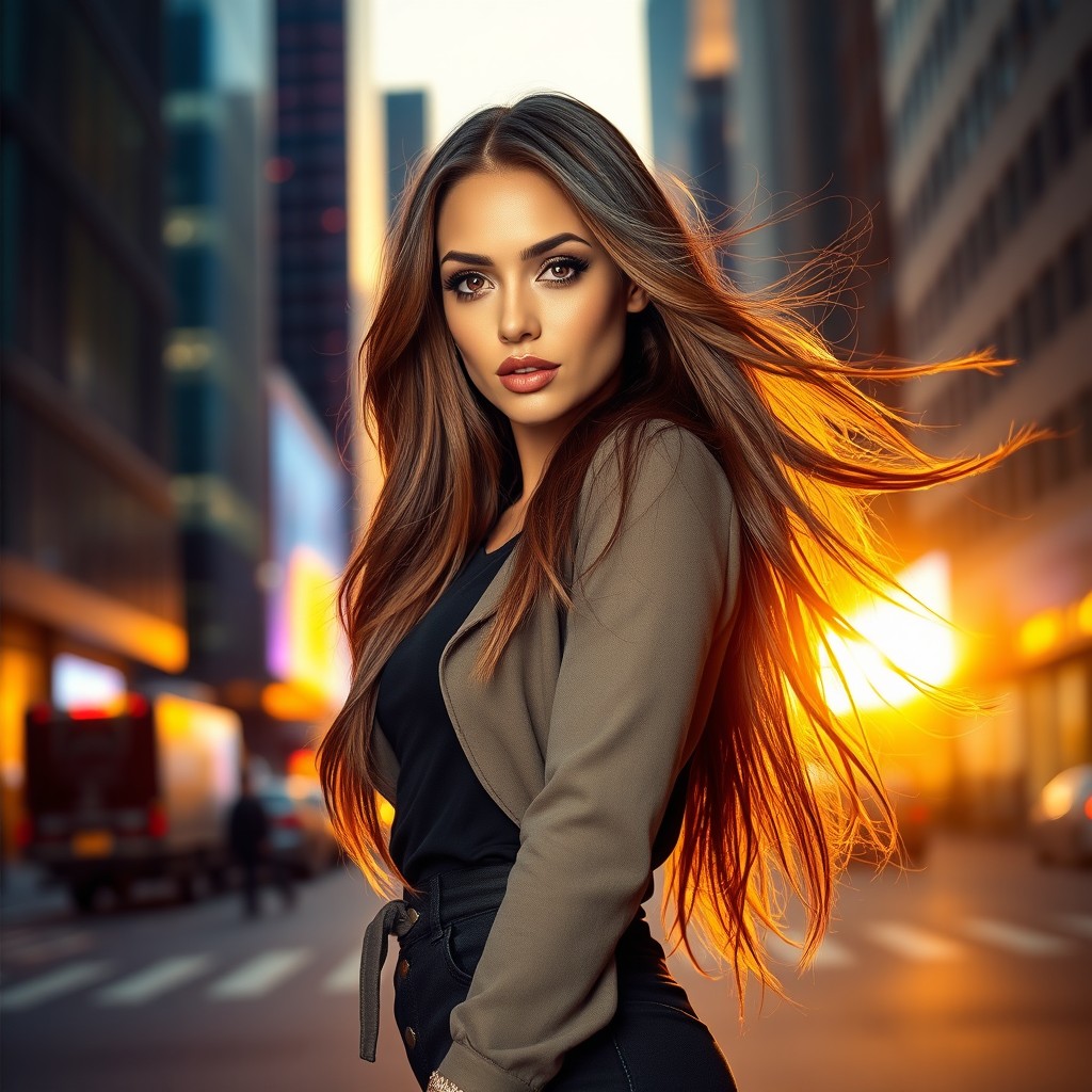 A stunningly attractive woman with long flowing hair, wearing a fashionable outfit in a dynamic pose