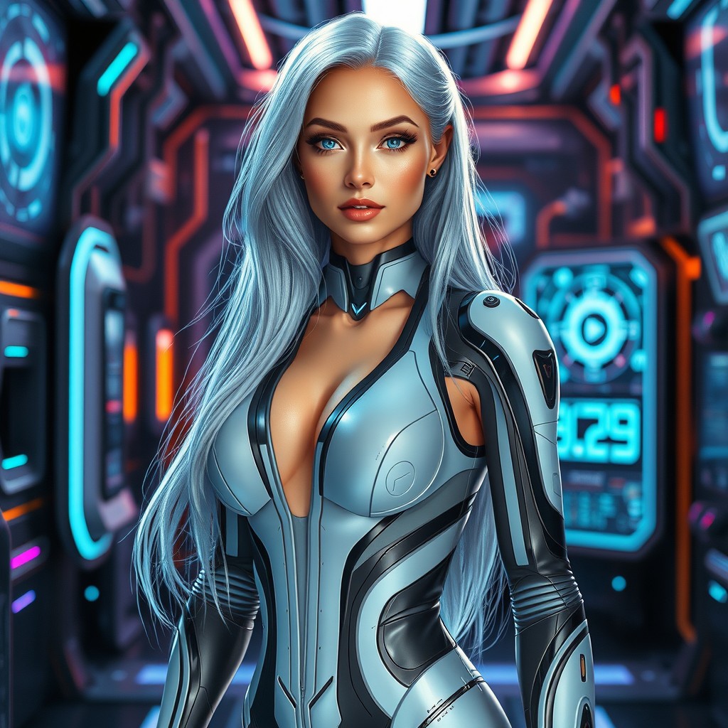 A stunningly attractive AI woman with long flowing silver hair, eyes that shimmer like stars, wearing a sleek futuristic outfit that hugs her curves