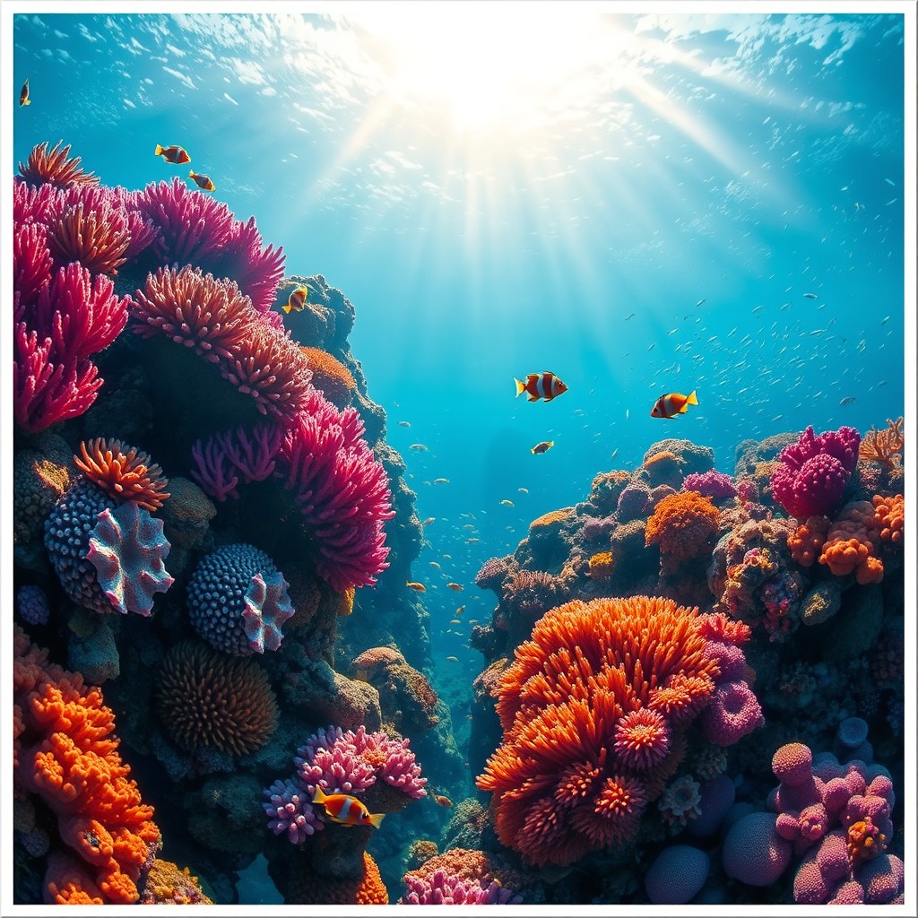 A vivid underwater scene showcasing a coral reef teeming with colorful marine life, ideal for an aquarium poster