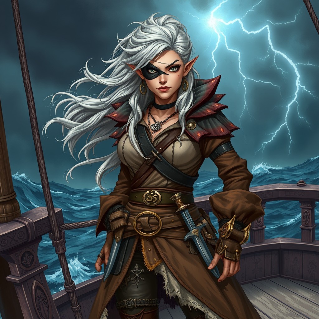 A fierce female Githyanki pirate standing on the deck of a ship, with flowing silver hair and sharp features typical of her race
