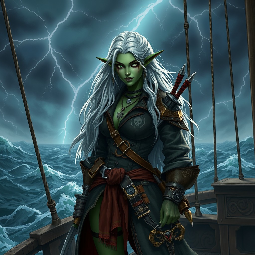 A striking female Githyanki pirate with dark green skin, standing boldly on the deck of a pirate ship