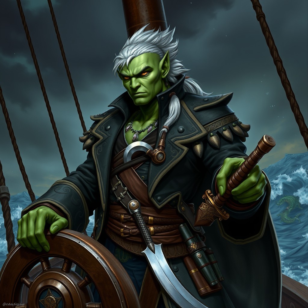 A powerful male Githyanki pirate captain with dark green skin, posed confidently at the helm of his pirate ship
