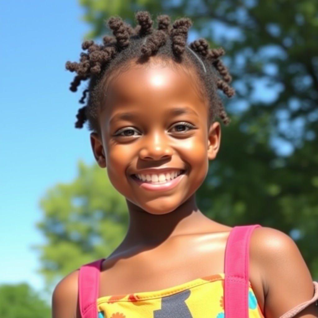 A portrait of a light-skinned Black girl with small, natural curls, radiating joy and confidence