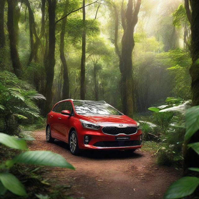 A red Kia Carens car parked amidst the dense, lush greenery of a jungle, bathed in soft, dappled sunlight filtering through the foliage.