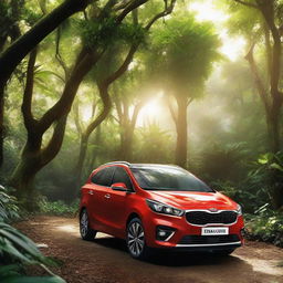 A red Kia Carens car parked amidst the dense, lush greenery of a jungle, bathed in soft, dappled sunlight filtering through the foliage.