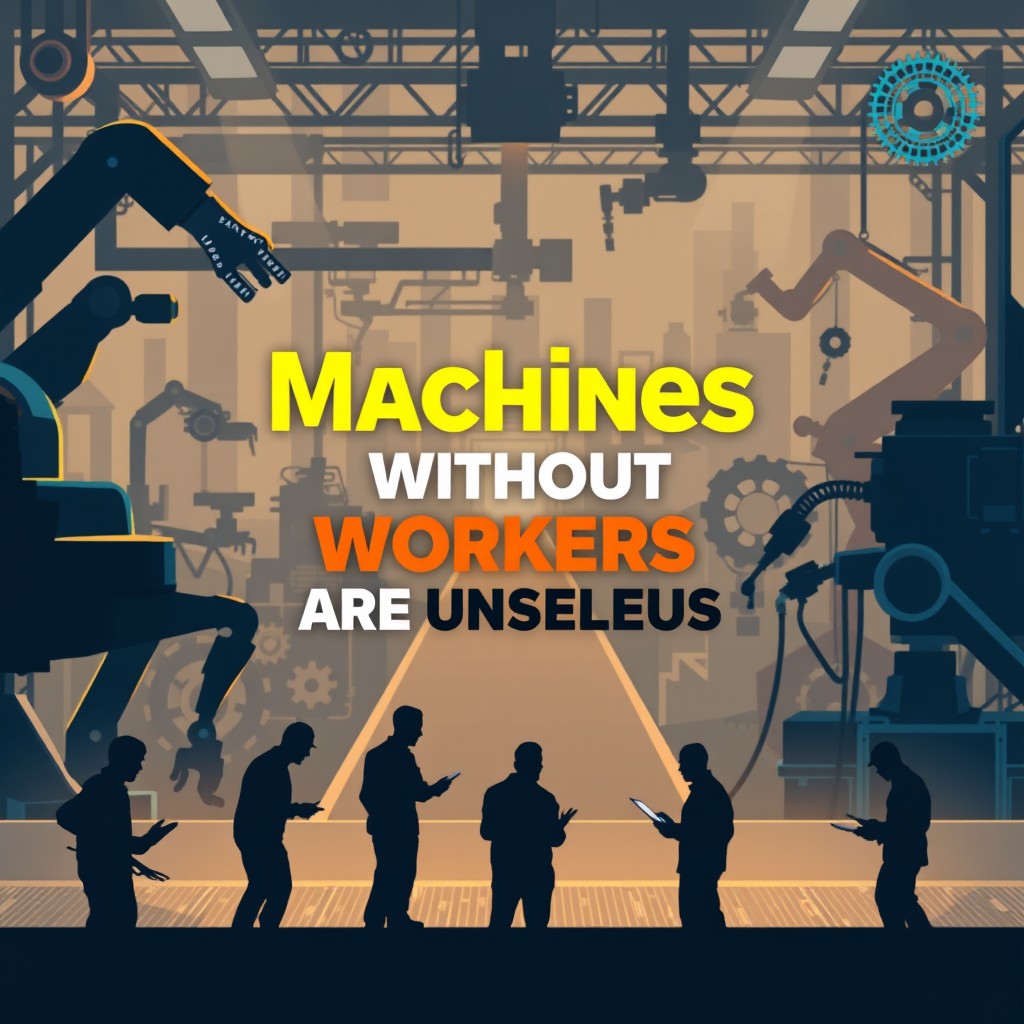 A thought-provoking poster design featuring the quote 'Machines without workers are useless'