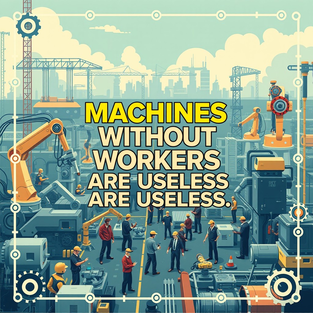 A visually engaging poster centered around the phrase 'Machines without workers are useless'