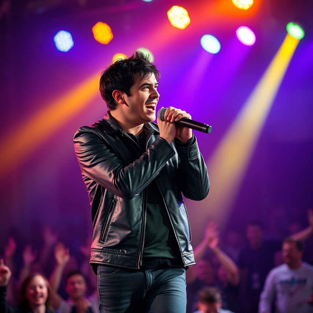 A male singer passionately performing on stage, holding a microphone in one hand