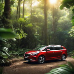 A red Kia Carens car parked amidst the dense, lush greenery of a jungle, bathed in soft, dappled sunlight filtering through the foliage.