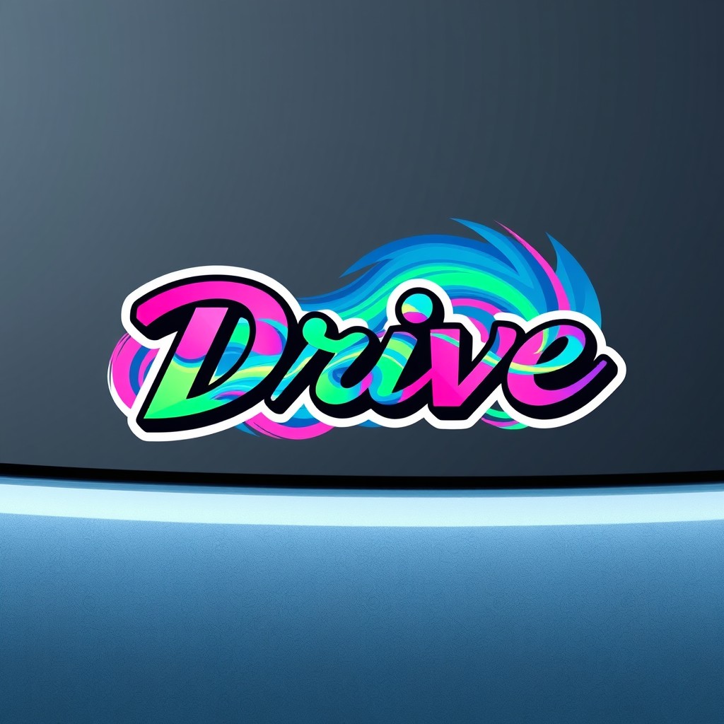 A vibrant and eye-catching car sticker design featuring a dynamic abstract pattern of swirling colors in shades of blue, green, and pink