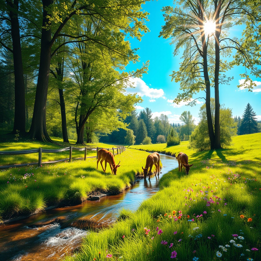 A serene and uplifting scene depicting a peaceful nature landscape, featuring a gentle stream flowing through a lush green meadow surrounded by colorful wildflowers under a bright blue sky
