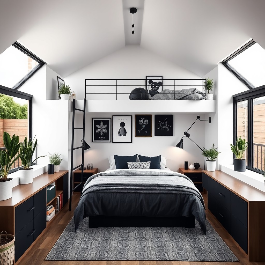 A stylish mezzanine bedroom space designed for boys, measuring 300cm in length, 190cm in width, and 160cm in height