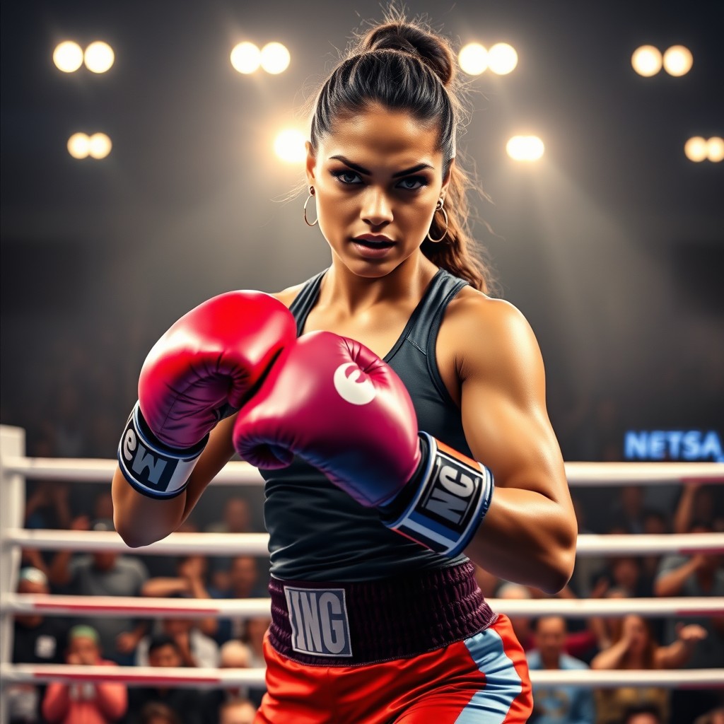 An intense boxing scene featuring a strong, confident female boxer named Nessa, with a fierce expression on her face
