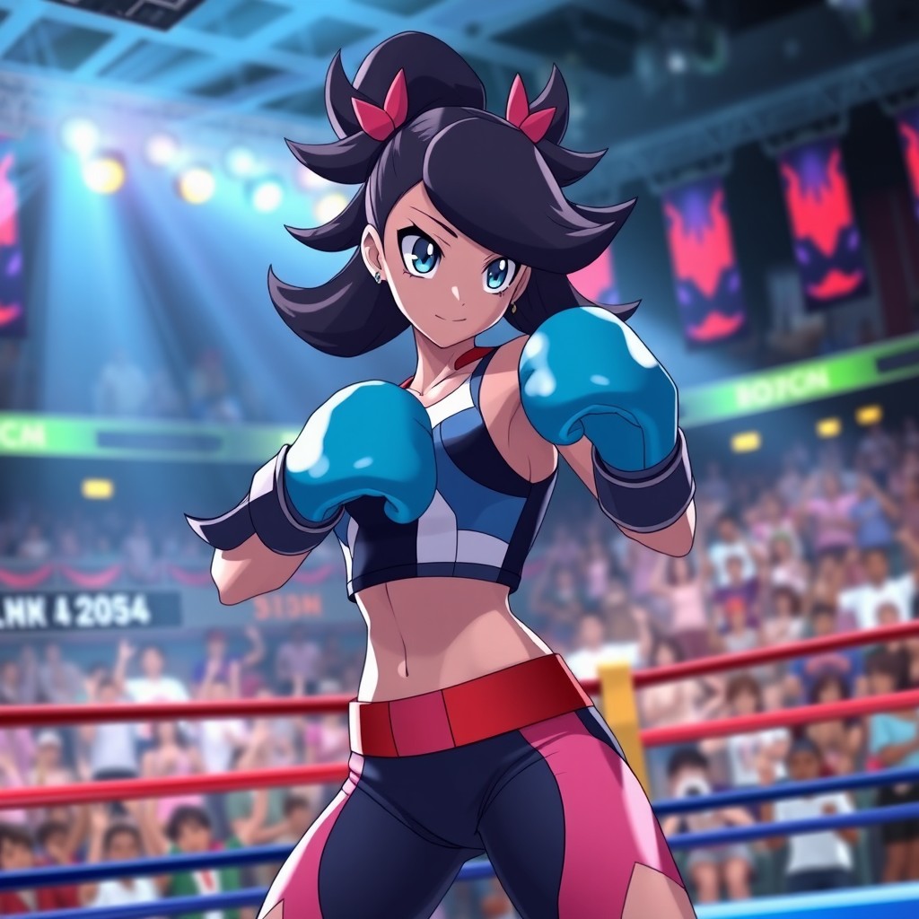 A dynamic and intense scene of a Pokémon battle featuring Nessa, the Water-type Gym Leader from Pokémon Sword and Shield