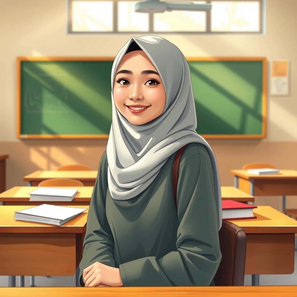 A realistic illustration of a young Indonesian female university student wearing a jilbab (headscarf) sitting in a classroom preparing to leave after her lecture
