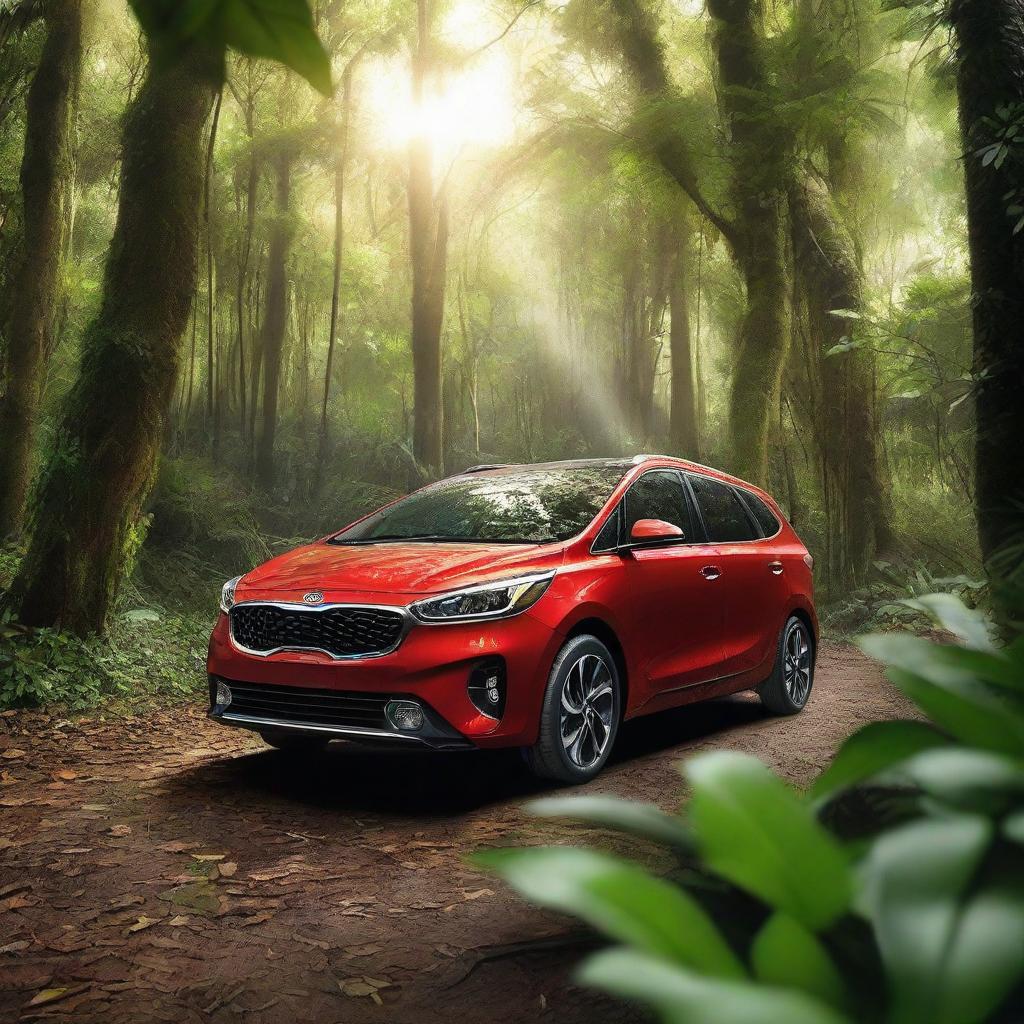 A red Kia Carens car parked amidst the dense, lush greenery of a jungle, bathed in soft, dappled sunlight filtering through the foliage.