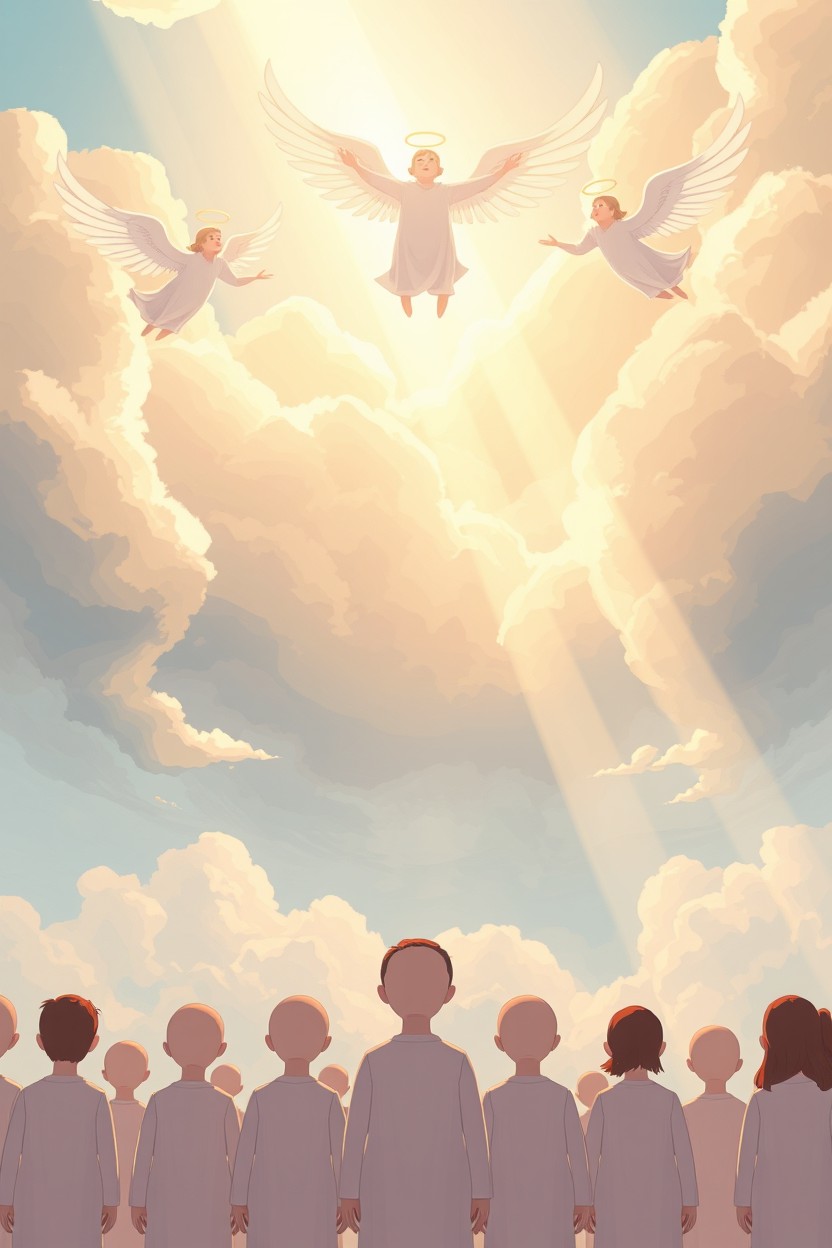 A semi-realistic cartoon-style digital illustration depicting faceless figures standing under a canopy of soft clouds