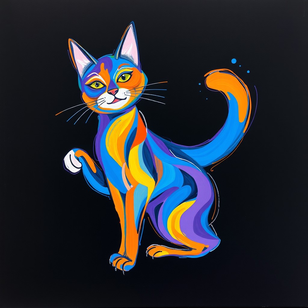 An abstract and vibrant painting featuring a cat in a playful, colorful style, set against a rich black background