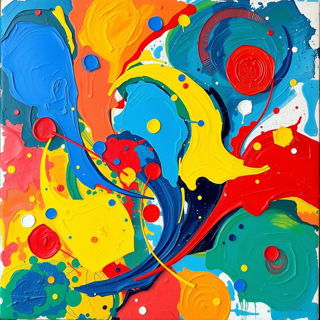 An abstract painting featuring vibrant colors, swirling shapes and dynamic forms that create a sense of movement and energy