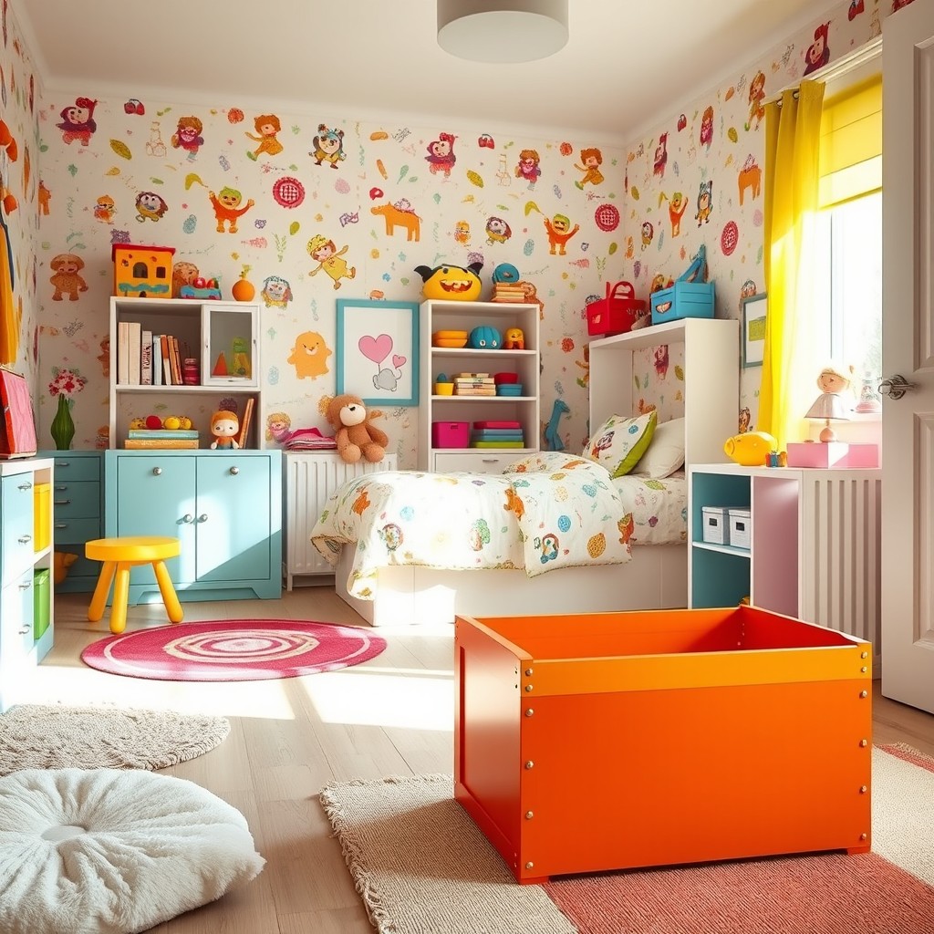 A vibrant children's room filled with colorful decor, a cheerful atmosphere exuding playfulness