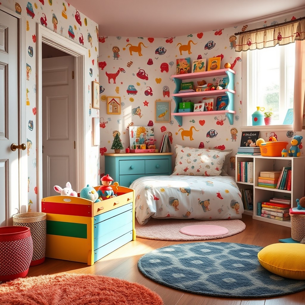 A vibrant children's room filled with colorful decor, creating a cheerful and playful atmosphere