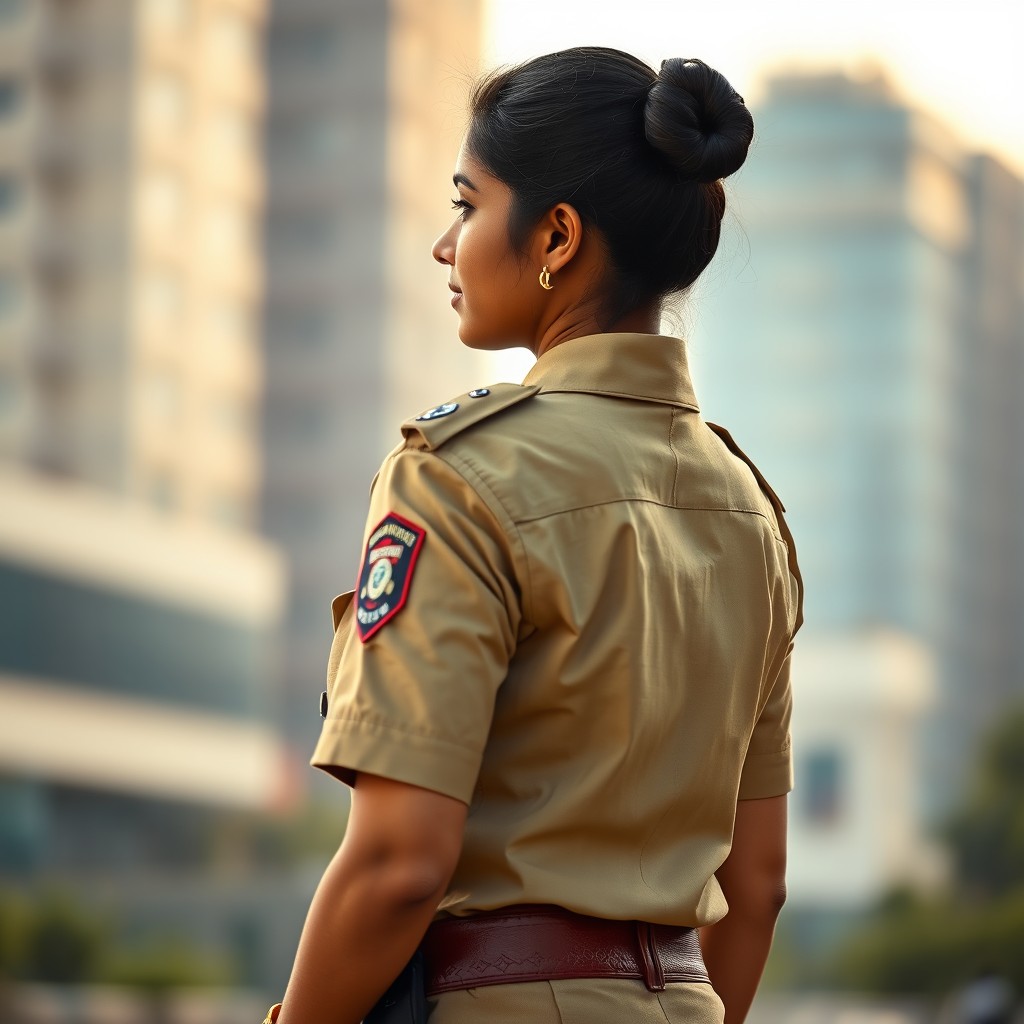A confident young Indian policewoman, around 24 years old, wearing her khaki uniform