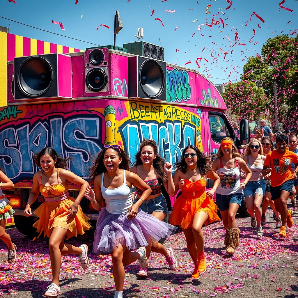 A vibrant carnival scene featuring young revelers joyfully running behind a colorful truck adorned with lively graffiti art