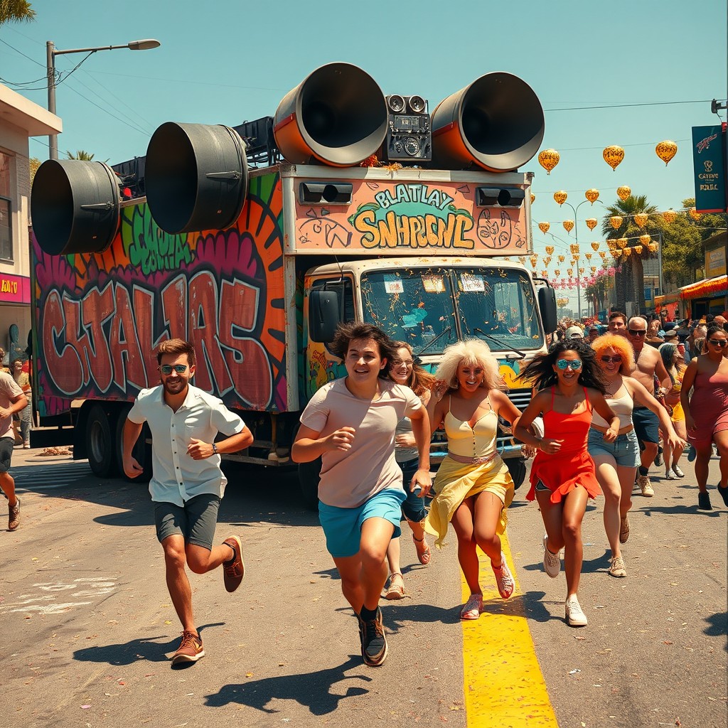A vibrant scene capturing young carnival-goers energetically running alongside a colorful truck adorned with striking graffiti