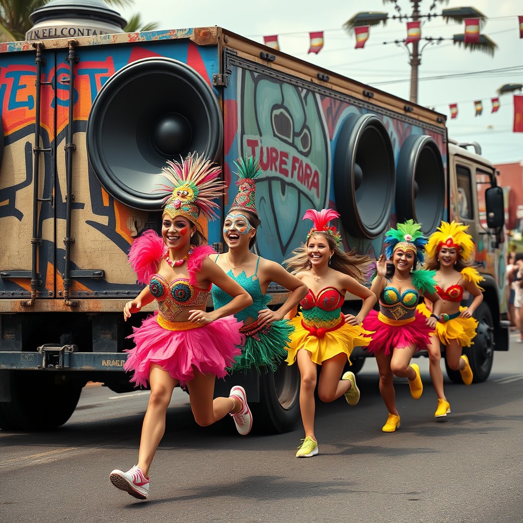 A vibrant carnival scene featuring young carnival performers running joyfully behind a large truck