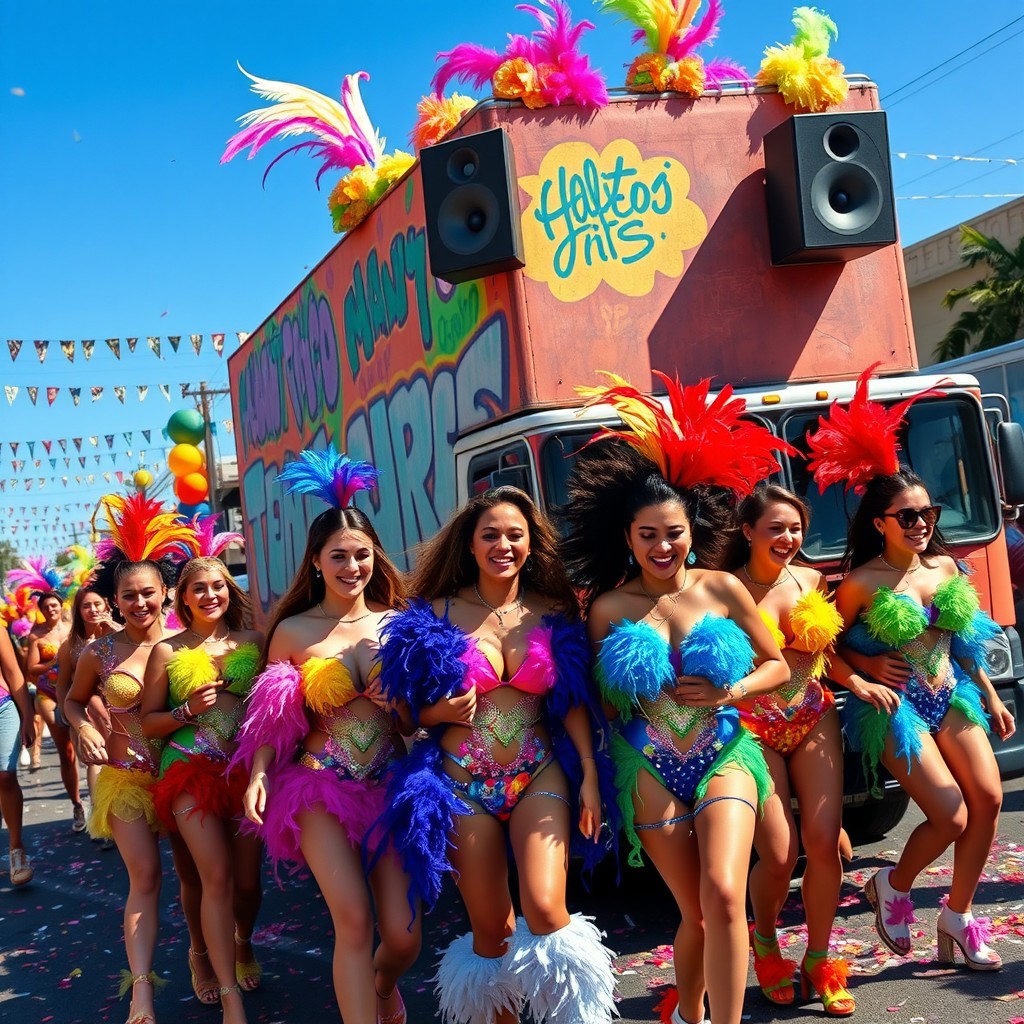 A vibrant carnival scene featuring a group of young carnival-goers joyfully following a colorful truck adorned with graffiti
