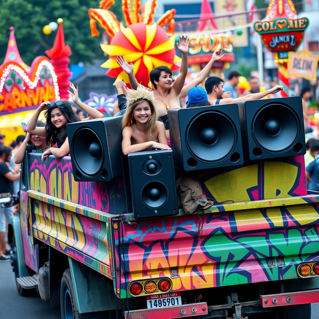 A vibrant carnival scene featuring young carnival-goers at the back of a colorful truck adorned with lively graffiti