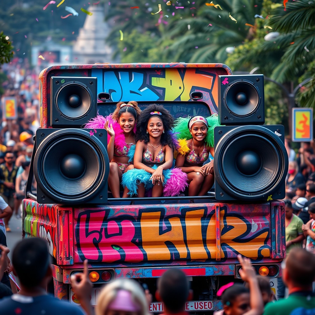 A group of young carnival performers riding at the back of a vibrant, graffiti-covered truck during a lively carnival parade