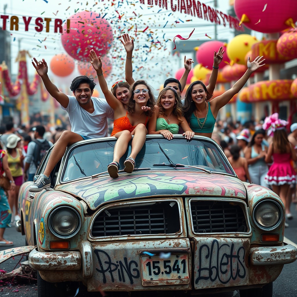 A group of young carnival-goers celebrating joyfully on the roof of a damaged car adorned with vibrant graffiti