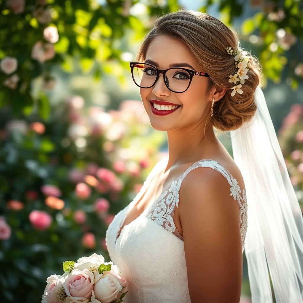 A stunning bride wearing elegant glasses, with a beautiful wedding gown featuring intricate lace details and flowing tulle layers